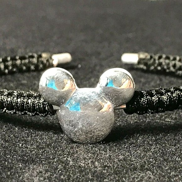 Disney Parks Mickey Mouse Icon Bracelet Rope Cuff Bangle Silver Black Disneyana - Picture 8 of 12